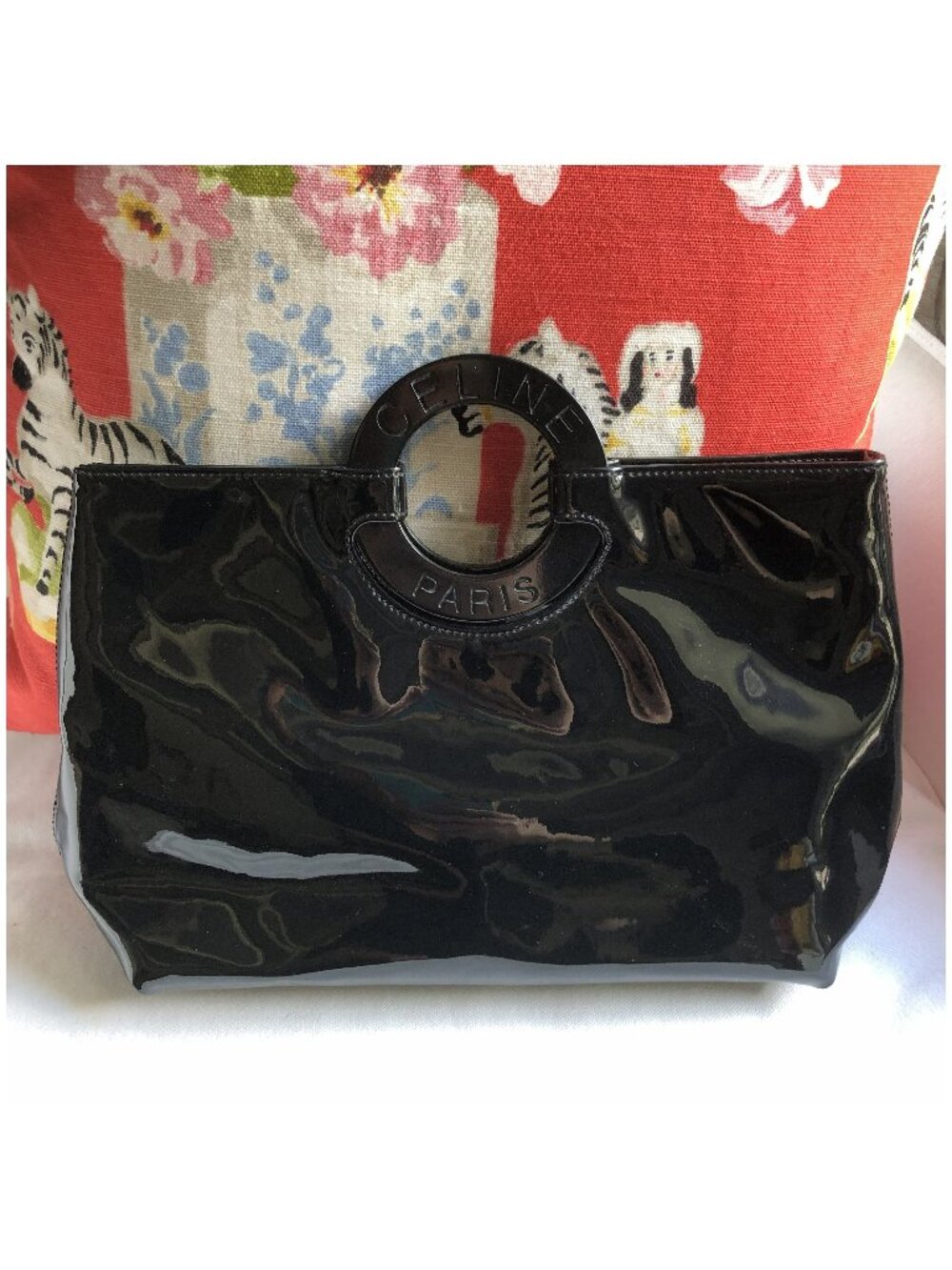 CELINE Black Patent Leather Circle Handbag Clutch Tote - Picture 2 of 10